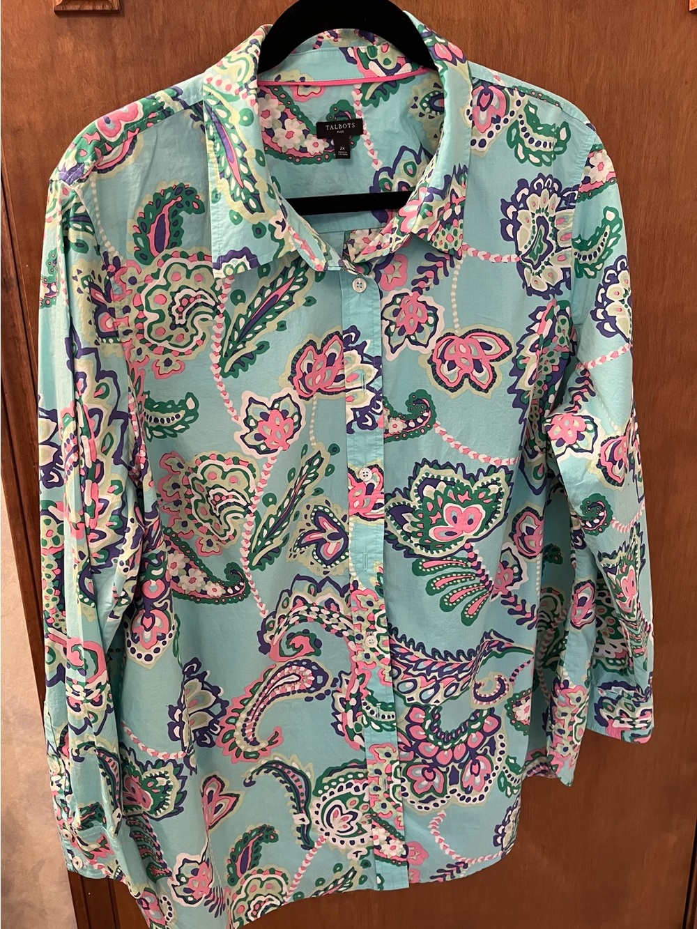 Talbots Plus Aqua Paisley Button-Up Blouse